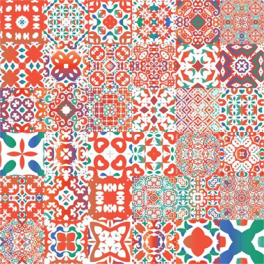 Antik Meksika Talavera seramiği. Bir dizi vektörsüz şablon. Yaratıcı tasarım. Albüm defteri, akıllı telefon kılıfları, tişörtler, çantalar ve çarşaflar için kırmızı ve soyut dekoru.