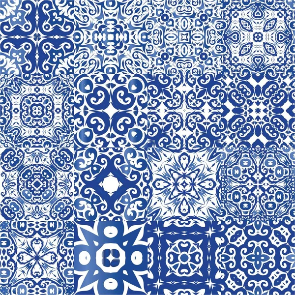 Antique Azulejo Tiles Patchworks Creative Design Set Vector Seamless Patterns — Stock Vector