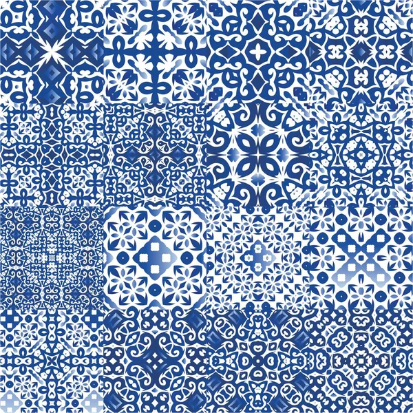 Portekizce süslemeli azulejo seramik. Yaratıcı tasarım. Bir dizi vektörsüz şablon. Duvar kağıdı, web arkaplanı, havlular, baskı, yüzey dokusu, yastıklar için mavi vintage arkaplan.