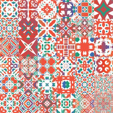 Geleneksel süslü Meksika Talavera 'sı. Grafik tasarımı. Vektörsüz desenlerin toplanması. Ağ arkaplanı, baskı, yastıklar, yüzey dokusu, duvar kağıdı, havlular için kırmızı soyut arkaplan.