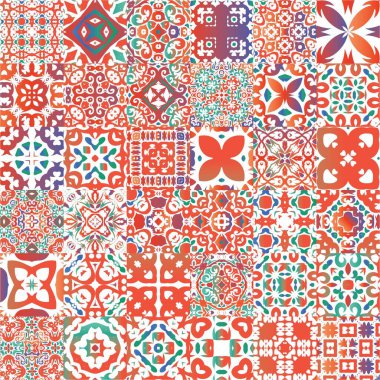 Meksika süslemeli talavera seramiği. Bir dizi vektörsüz şablon. Renkli tasarım. Duvar kağıdı, web arkaplanı, havlular, baskı, yüzey dokusu, yastıklar için kırmızı vintage arkaplan.