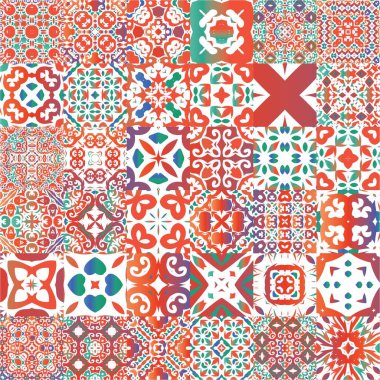 Meksika süslemeli talavera seramiği. Bir dizi vektörsüz şablon. Geometrik tasarım. Duvar kağıdı, web arkaplanı, havlular, baskı, yüzey dokusu, yastıklar için kırmızı vintage arkaplan.