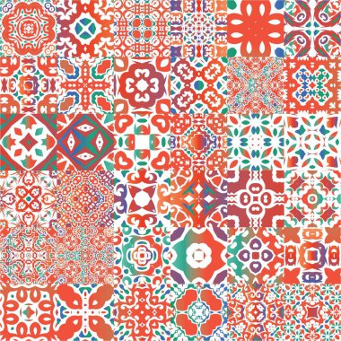 Antik süslü fayanslar Talavera Mexico. Grafik tasarımı. Vektör aralıksız desenler. Tişört, hatıra defteri, çarşaf, akıllı telefon çantaları veya çantalar için kırmızı etnik altyapı.