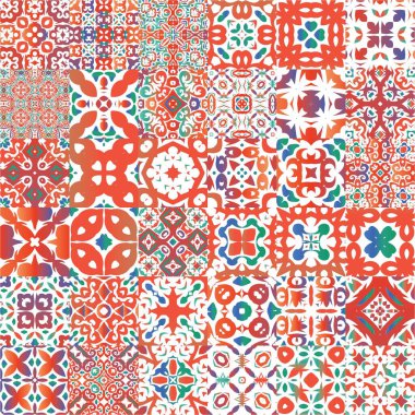 Antik süslü fayanslar Talavera Mexico. Vektör aralıksız desenler. Moda tasarımı. Tişört, hatıra defteri, çarşaf, akıllı telefon çantaları veya çantalar için kırmızı etnik altyapı.