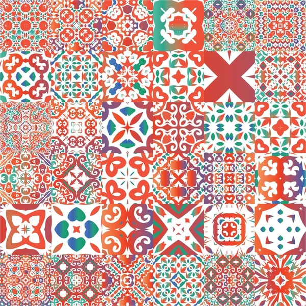 Meksika süslemeli talavera seramiği. Bir dizi vektörsüz şablon. Geometrik tasarım. Duvar kağıdı, web arkaplanı, havlular, baskı, yüzey dokusu, yastıklar için kırmızı vintage arkaplan.