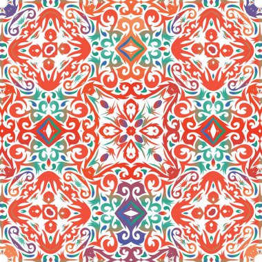 Antika talavera kiremit yama işi. Moda tasarımı. Vektör desensiz kolaj. Çantalar, akıllı telefon kılıfları, tişörtler, çarşaflar ve koleksiyon defterleri için kırmızı Meksika süslemeleri..