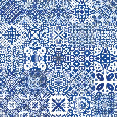 Süslü Azulejo Portekiz fayansları. Mutfak tasarımı. Vektör aralıksız desenler. Çarşaflar, akıllı telefon kılıfları, hatıra defterleri, çantalar ya da tişörtler için mavi muhteşem halk resimleri..