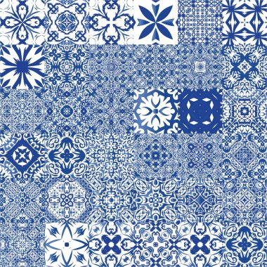 Portekiz azulejo 'sunda etnik seramik fayanslar. Vektör aralıksız desenler. Orijinal tasarım Yüzey dokusu, havlu, yastık, duvar kağıdı, baskı, web arkaplanı için mavi klasik süsler.