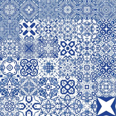 Süslü Azulejo Portekiz fayansları. Mutfak tasarımı. Bir dizi vektörsüz şablon. Çarşaflar, akıllı telefon kılıfları, hatıra defterleri, çantalar ya da tişörtler için mavi muhteşem halk resimleri..