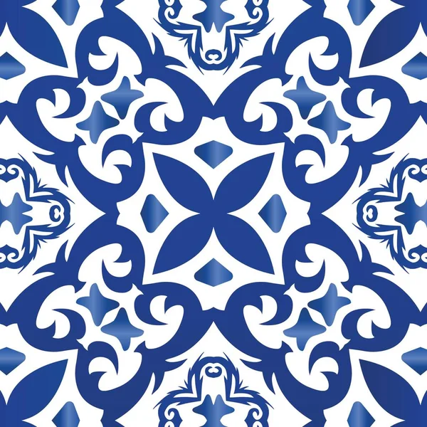 Portugalské Azulejo Dlaždice Barevný Design Vektorový Bezešvý Vzor Trellis Modré — Stockový vektor