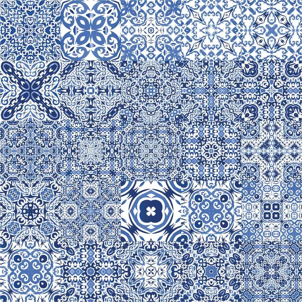 Portuguese Vintage Azulejo Tiles Fashionable Design Kit Vector Seamless Patterns — Stock Vector