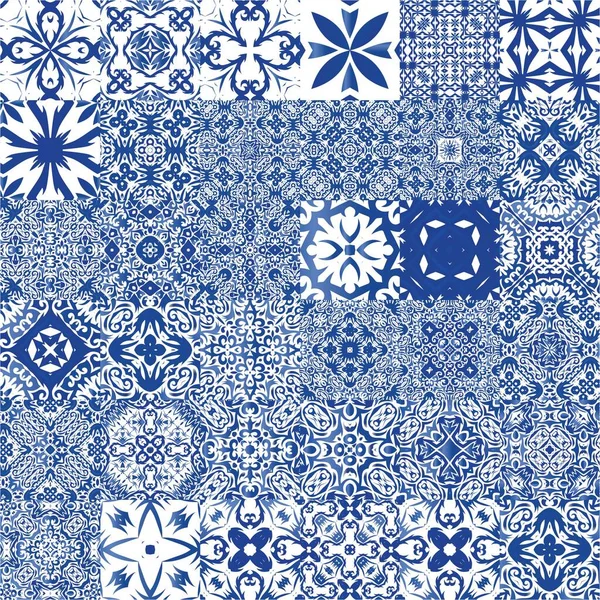 Ethnic Ceramic Tiles Portuguese Azulejo Kit Vector Seamless Patterns Original — Stock Vector