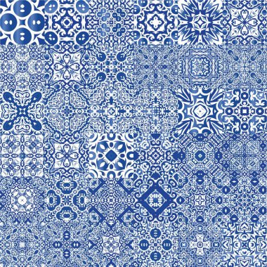 Dekoratif renk seramik azulejo fayansları. Moda tasarımı. Bir dizi vektörsüz şablon. Baskı, web arkaplanı, yüzey dokusu, havlu, yastık, duvar kağıdı için mavi folklor süslemeleri.