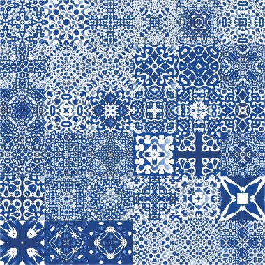 Portekizce süslemeli azulejo seramik. Şık tasarım. Vektör aralıksız desenler. Duvar kağıdı, web arkaplanı, havlular, baskı, yüzey dokusu, yastıklar için mavi vintage arkaplan.