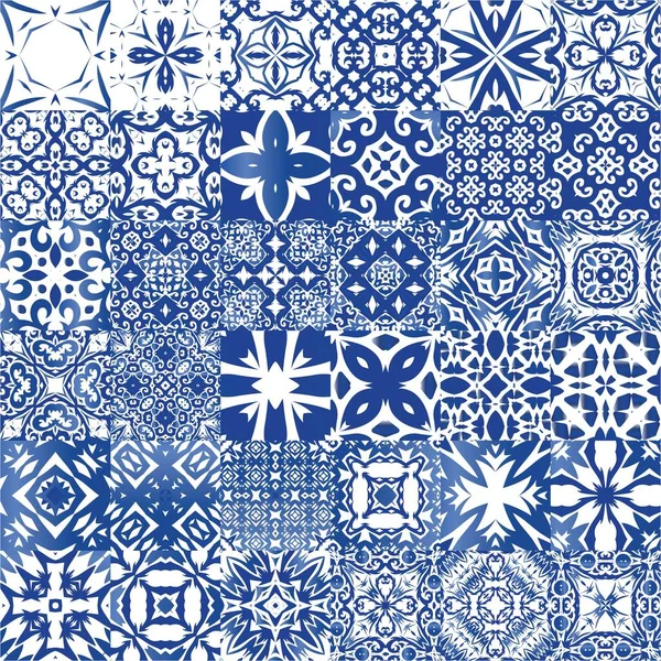 Antika Portekiz azulejo seramiği. Evrensel tasarım. Bir dizi vektörsüz şablon. Koleksiyon defteri, akıllı telefon kılıfları, tişörtler, çantalar ve çarşaflar için mavi ve soyut bir dekor.
