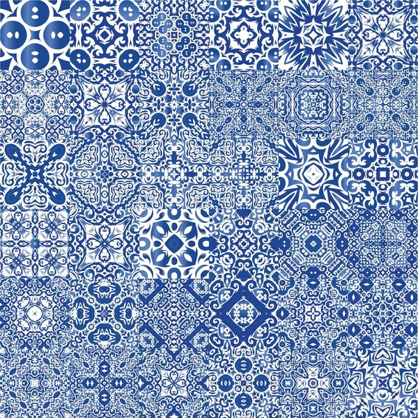 Dekoratif renk seramik azulejo fayansları. Moda tasarımı. Bir dizi vektörsüz şablon. Baskı, web arkaplanı, yüzey dokusu, havlu, yastık, duvar kağıdı için mavi folklor süslemeleri.