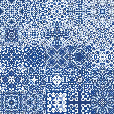 Süslü Azulejo Portekiz fayansları. Yaratıcı tasarım. Vektörsüz desenlerin toplanması. Çarşaflar, akıllı telefon kılıfları, hatıra defterleri, çantalar ya da tişörtler için mavi muhteşem halk resimleri..