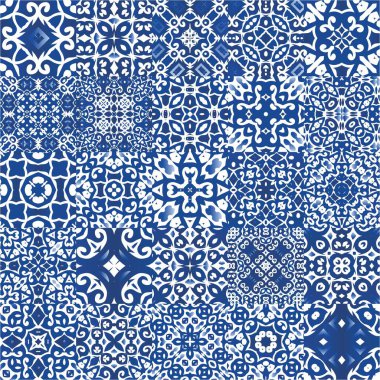 Portekiz yapımı Azulejo fayansları. Vektörsüz desenlerin toplanması. Modern tasarım. Yastıklar, baskılar, duvar kağıtları, ağ arkaplanı, havlular, yüzey dokusu için mavi antika arkaplan.