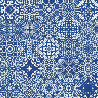 Portekiz yapımı Azulejo fayansları. Vektörsüz desenlerin toplanması. Modern tasarım. Yastıklar, baskılar, duvar kağıtları, ağ arkaplanı, havlular, yüzey dokusu için mavi antika arkaplan.