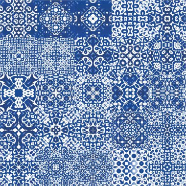 Portekiz azulejo 'sunda etnik seramik fayanslar. Evrensel tasarım. Vektör aralıksız desenler. Yüzey dokusu, havlu, yastık, duvar kağıdı, baskı, web arkaplanı için mavi klasik süsler.