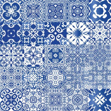 Antika azulejo döşeme yaması. Bir dizi vektörsüz şablon. Moda tasarımı. Çantalar, akıllı telefon kılıfları, tişörtler, çarşaflar veya koleksiyon defterleri için mavi İspanya ve Portekiz dekoru.
