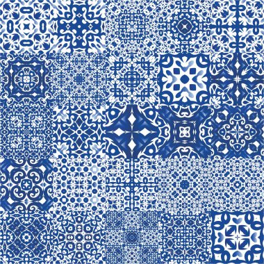 Portekiz yapımı Azulejo fayansları. Renkli tasarım. Vektörsüz desenlerin toplanması. Yastıklar, baskılar, duvar kağıtları, ağ arkaplanı, havlular, yüzey dokusu için mavi antika arkaplan.