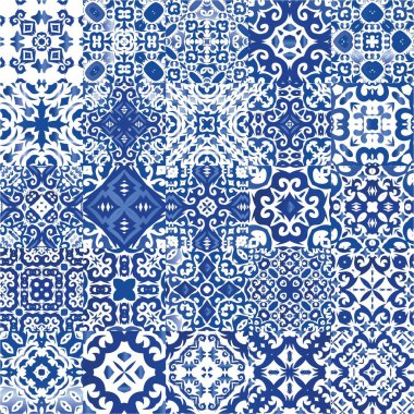 Seramik fayanslar azulejo portugal. El yapımı tasarım. Vektörsüz desenlerin toplanması. Tişört, hatıra defteri, çarşaf, akıllı telefon çantaları veya çantalar için mavi etnik altyapı.
