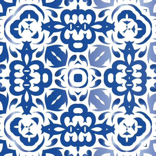 Ornamentale Azulejo Portugal Fliesen Dekor Badezimmerdesign Vektornahtloser Musterrahmen Blauer Blumen — Stockvektor