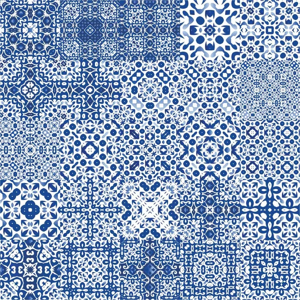 Portuguese Vintage Azulejo Tiles Collection Vector Seamless Patterns Hand Drawn — Stock Vector