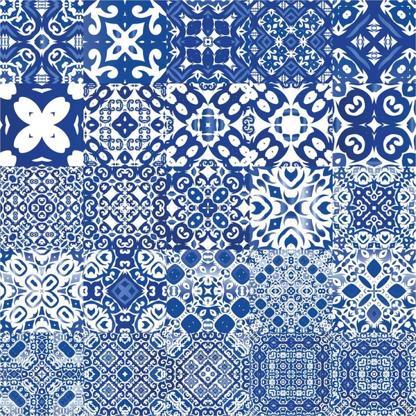 葡萄牙阿祖莱州的少数民族瓷砖 厨房的设计 一组矢量无缝模式 表面质地 印刷品 网底用蓝色老式装饰品 — 图库矢量图片