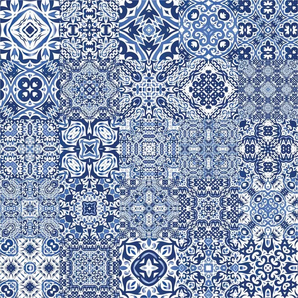 ポルトガルのヴィンテージのアズレホタイル カラーデザイン ベクトルシームレスパターンのコレクション ウェブ背景 タオル 表面のテクスチャのための青のアンティークの背景 ロイヤリティフリーのストックイラスト