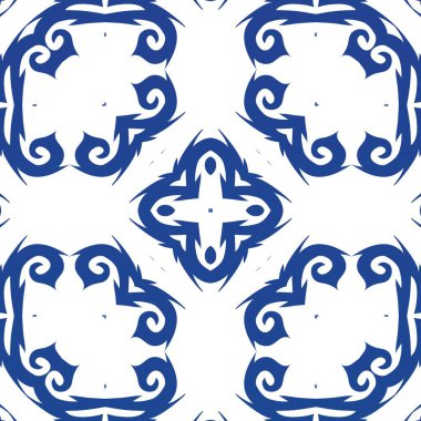 Antika Portekiz azulejo seramiği. Moda tasarımı. Vektör desensiz kolaj. Koleksiyon defteri, akıllı telefon kılıfları, tişörtler, çantalar ve çarşaflar için mavi ve soyut bir dekor.