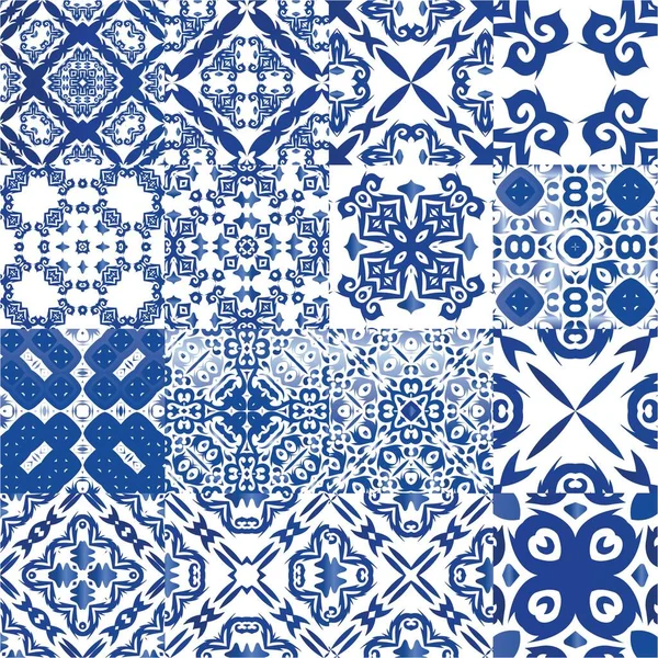 Portuguese Vintage Azulejo Tiles Set Vector Seamless Patterns Geometric Design — Stock Vector