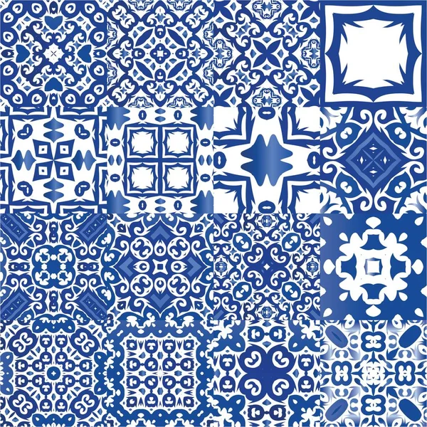 Starożytne Portugalskie Azulejo Ceramiczne Zestaw Wzorów Bez Szwu Wektora Projektowanie — Wektor stockowy