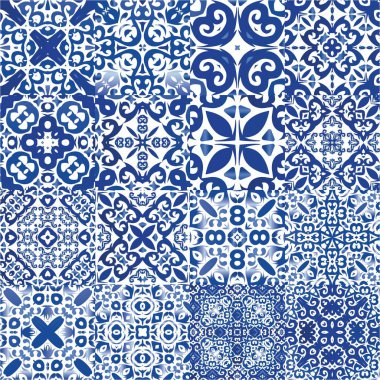 Süslü Azulejo Portekiz fayansları. Renkli tasarım. Vektör aralıksız desenler. Çarşaflar, akıllı telefon kılıfları, hatıra defterleri, çantalar ya da tişörtler için mavi muhteşem halk resimleri..