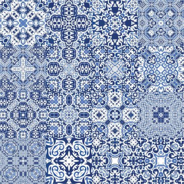 Antika azulejo döşeme yaması. Bir dizi vektörsüz şablon. Şık tasarım. Çantalar, akıllı telefon kılıfları, tişörtler, çarşaflar veya koleksiyon defterleri için mavi İspanya ve Portekiz dekoru.