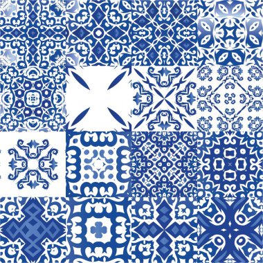 Süslü Azulejo Portekiz fayansları. Vektör aralıksız desenler. Minimum tasarım. Çarşaflar, akıllı telefon kılıfları, hatıra defterleri, çantalar ya da tişörtler için mavi muhteşem halk resimleri..