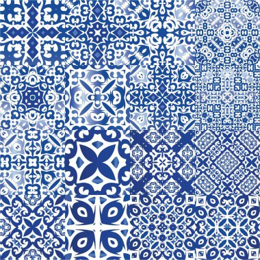 Seramik fayanslar azulejo portugal. Bir dizi vektörsüz şablon. Renkli tasarım. Tişört, hatıra defteri, çarşaf, akıllı telefon çantaları veya çantalar için mavi etnik altyapı.