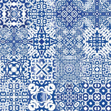 Portekiz azulejo 'sunda etnik seramik fayanslar. Bir dizi vektörsüz şablon. El yapımı tasarım. Yüzey dokusu, havlu, yastık, duvar kağıdı, baskı, web arkaplanı için mavi klasik süsler.