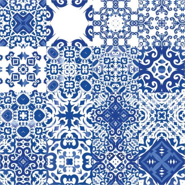 Portekizce süslemeli azulejo seramik. Vektör aralıksız desenler. Grafik tasarımı. Duvar kağıdı, web arkaplanı, havlular, baskı, yüzey dokusu, yastıklar için mavi vintage arkaplan.