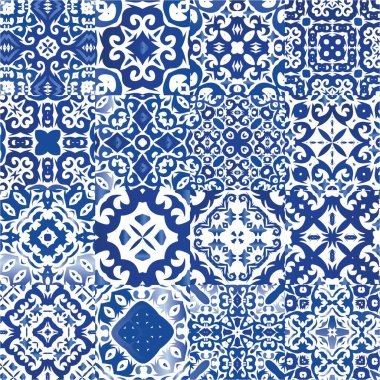 Dekoratif renk seramik azulejo fayansları. Bir dizi vektörsüz şablon. Mutfak tasarımı. Baskı, web arkaplanı, yüzey dokusu, havlu, yastık, duvar kağıdı için mavi folklor süslemeleri.