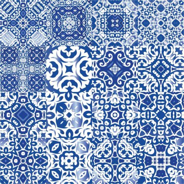 Portekiz yapımı Azulejo fayansları. Vektör aralıksız desenler. Orijinal tasarım Yastıklar, baskılar, duvar kağıtları, ağ arkaplanı, havlular, yüzey dokusu için mavi antika arkaplan.