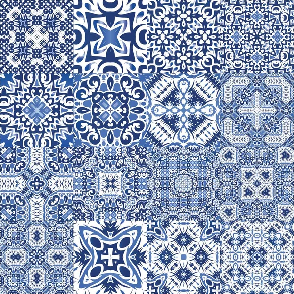 Ceramic Tiles Azulejo Portugal Colored Design Kit Vector Seamless Patterns — Stock Vector