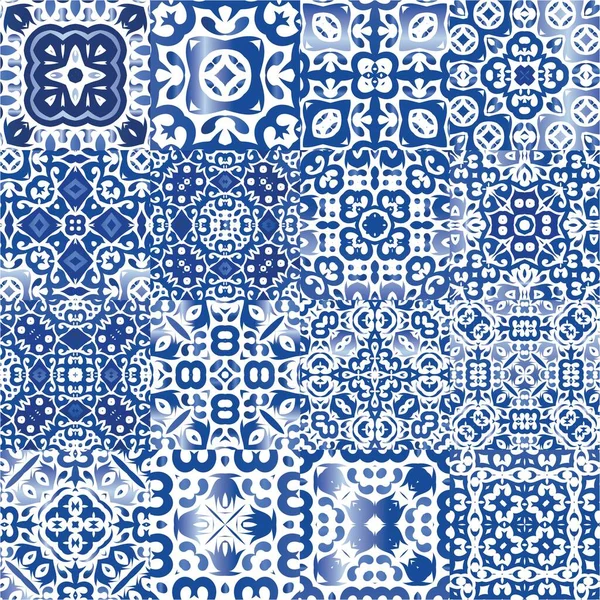 Baldosas Cerámicas Azulejo Portugal Conjunto Patrones Sin Costura Vectores Diseño — Vector de stock