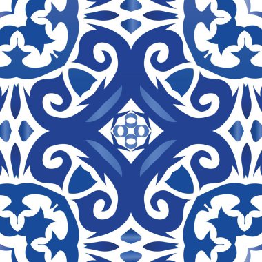 Geleneksel Portekiz azulejosu. Orijinal tasarım Vektörsüz desenli poster. Ağ arkaplanı, baskı, yastıklar, yüzey dokusu, duvar kağıdı, havlular için mavi soyut arkaplan.