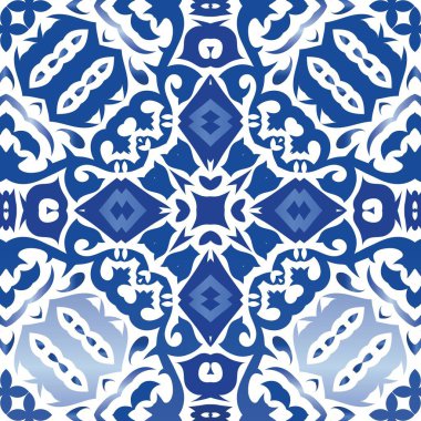 Dekoratif renk seramik azulejo fayansları. Vektörsüz şablon çerçevesi. Şık tasarım. Mavi halk baskısı, web arkaplanı, yüzey dokusu, havlular, yastıklar, duvar kağıdı.