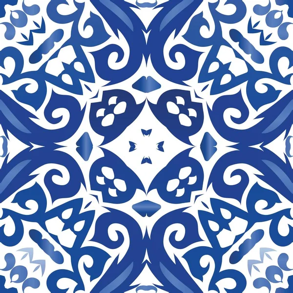 Keramische Tegels Azulejo Portugal Vector Naadloze Patroonflyer Modieus Ontwerp Blauwe — Stockvector