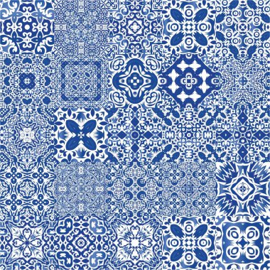 Antika Portekiz azulejo seramiği. Modern tasarım. Vektör aralıksız desenler. Koleksiyon defteri, akıllı telefon kılıfları, tişörtler, çantalar ve çarşaflar için mavi ve soyut bir dekor.
