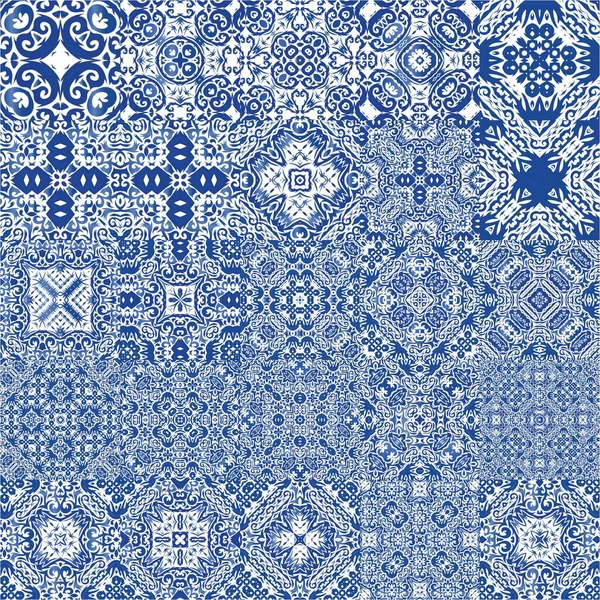 Portugalski Vintage Azulejo Płytki Zestaw Wzorów Bez Szwu Wektorowych Kolorowy — Wektor stockowy