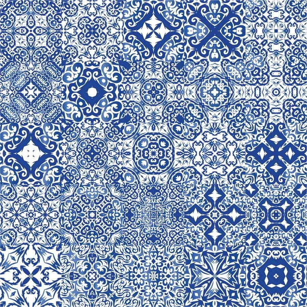 Ethnic Ceramic Tiles Portuguese Azulejo Set Vector Seamless Patterns Graphic — Stock Vector